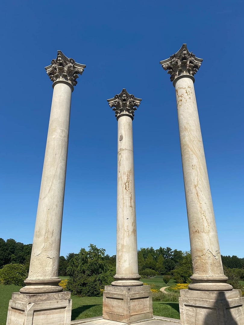 Sandstone columns from the U.S. Capitol’s East Front, where Lincoln was sworn in. Removed in 1958, they now stand in a field at the National Arboretum